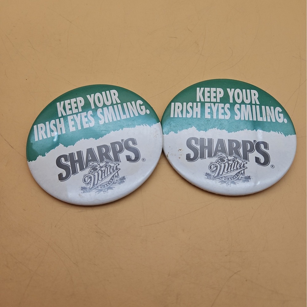 Vintage Sharp's Miller Beer Pins Set Of 2 "Keep Your Irish Eyes Smiling"